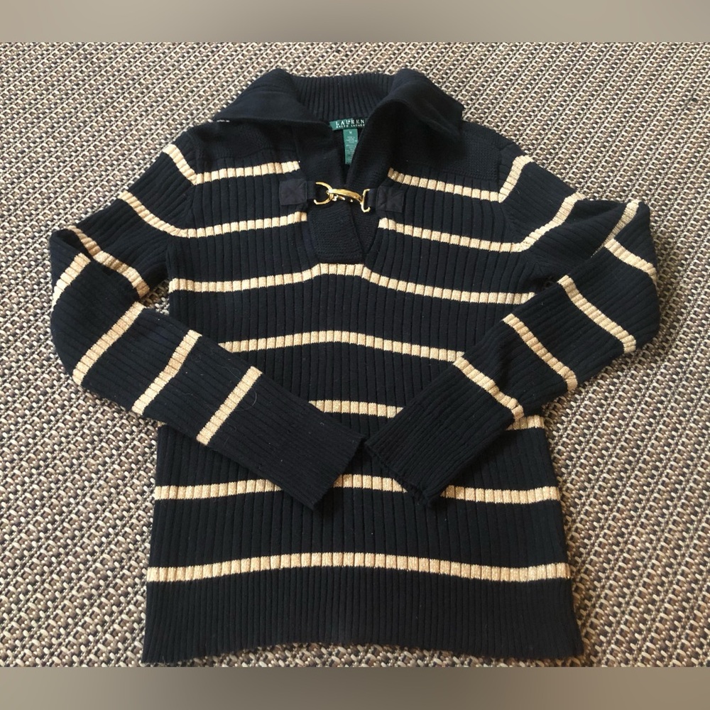 VINTAGE 90s Y2K Lauren Ralph Lauren Blck & Gold Striped Collared Latch Knit Swtr